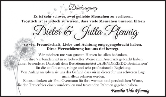 Traueranzeige von Dieter und Jutta Pfennig von Volksstimme Haldensleben/Wolmirstedt