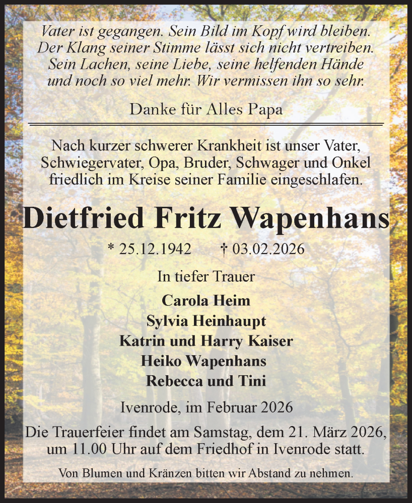  Traueranzeige für Dietfried Fritz Wapenhans vom 21.02.2026 aus Volksstimme Haldensleben/Wolmirstedt