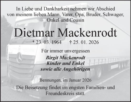 Traueranzeige von Dietmar Mackenrodt von Trauerkombi Sangerhausen