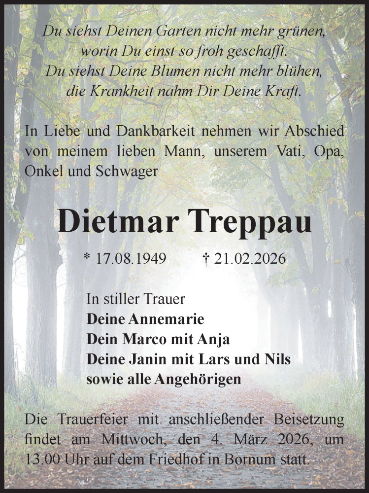  Traueranzeige für Dietmar Treppau vom 28.02.2026 aus Volksstimme Zerbst