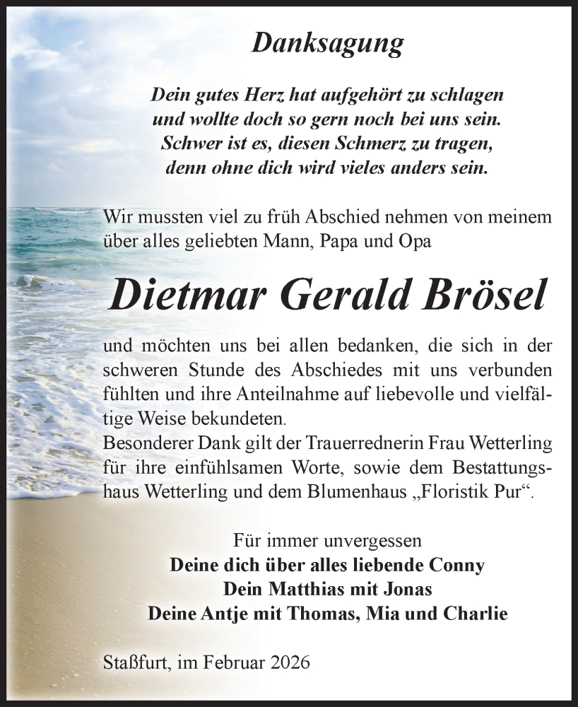  Traueranzeige für Dietmar Gerald Brösel vom 14.02.2026 aus 