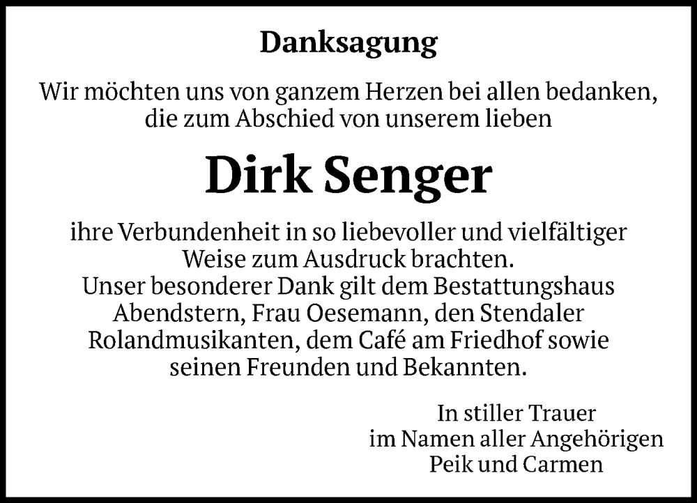  Traueranzeige für Dirk Senger vom 14.02.2026 aus Volksstimme Altmark Ost