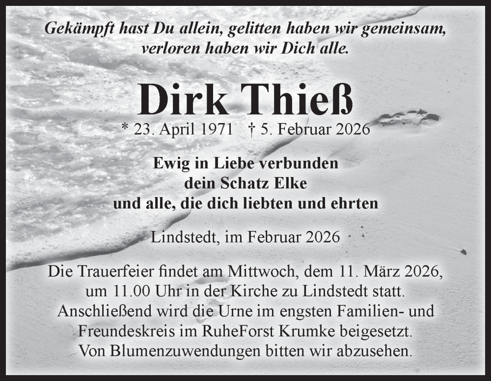  Traueranzeige für Dirk Thieß vom 27.02.2026 aus Volksstimme Altmark Ost
