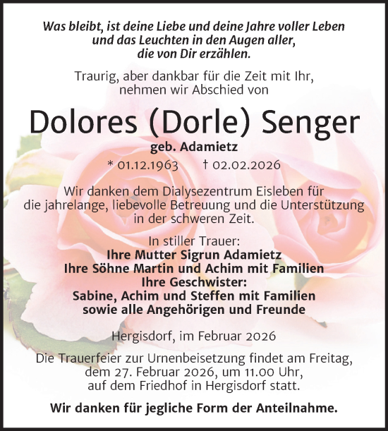 Traueranzeige von Dolores Senger von Trauerkombi Mansfelder Land