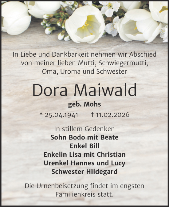 Traueranzeige von Dora Maiwald von Trauerkombi Wittenberg