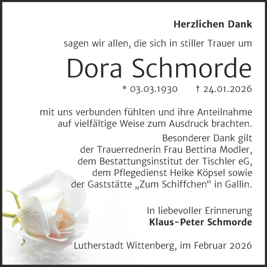 Traueranzeige von Dora Schmorde von Trauerkombi Wittenberg