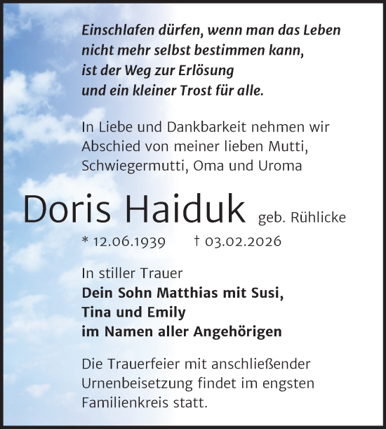 Traueranzeige von Doris Haiduk von Trauerkombi Wittenberg