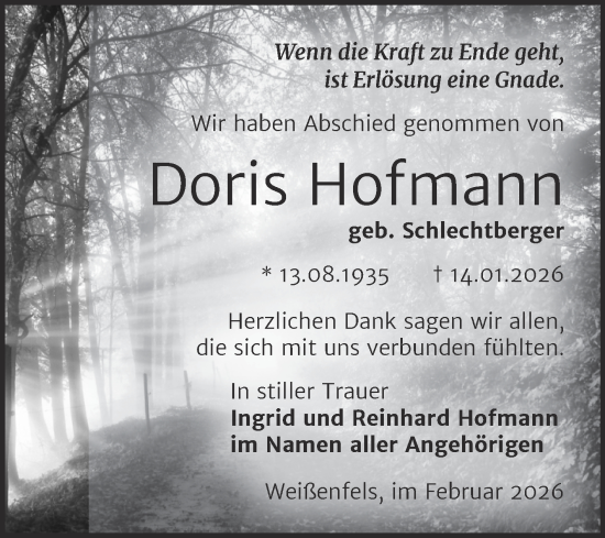 Traueranzeige von Doris Hofmann von Trauerkombi Weißenfels