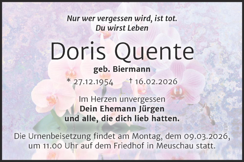 Traueranzeige für Doris Quente vom 28.02.2026 aus Trauerkombi Merseburg