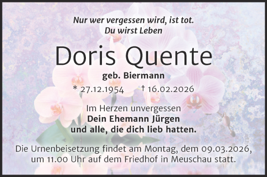 Traueranzeige von Doris Quente von Trauerkombi Merseburg