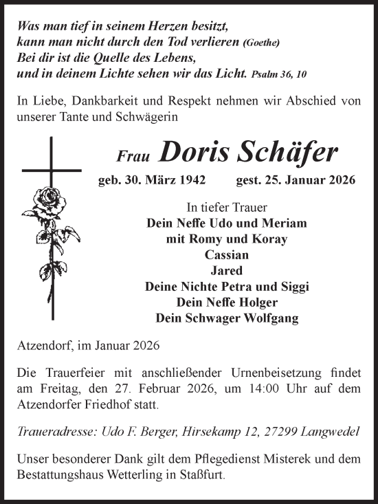 Traueranzeige von Doris Schäfer von Volksstimme Staßfurt