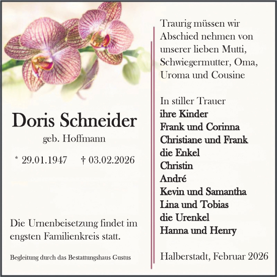 Traueranzeige von Doris Schneider von Volksstimme Halberstadt