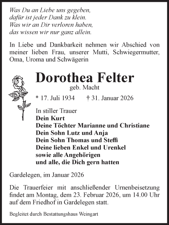 Traueranzeige von Dorothea Felter von Volksstimme Altmark West