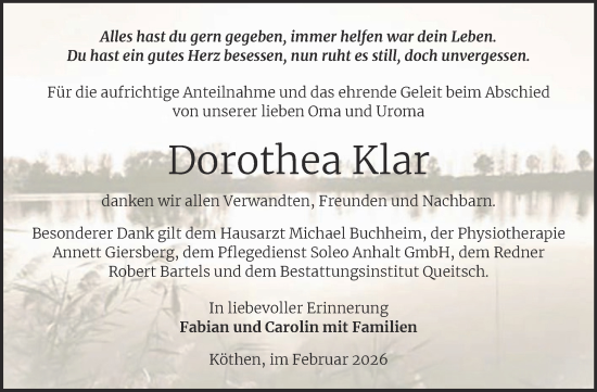 Traueranzeige von Dorothea Klar von Trauerkombi Köthen