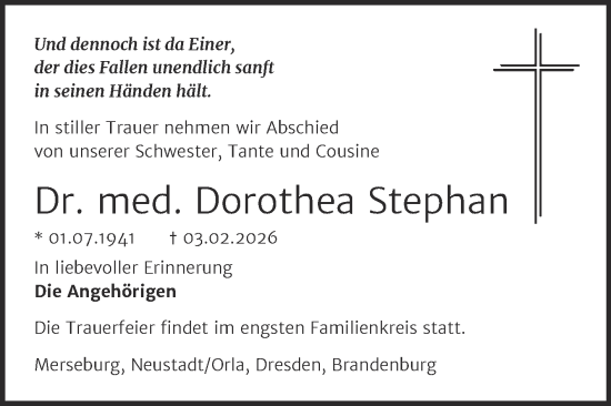 Traueranzeige von Dorothea Stephan von Trauerkombi Merseburg