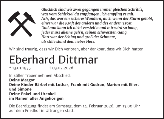 Traueranzeige von Eberhard Dittmar von Trauerkombi Sangerhausen