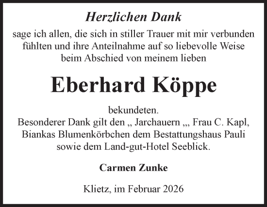 Traueranzeige von Eberhard Köppe von Volksstimme Altmark Ost
