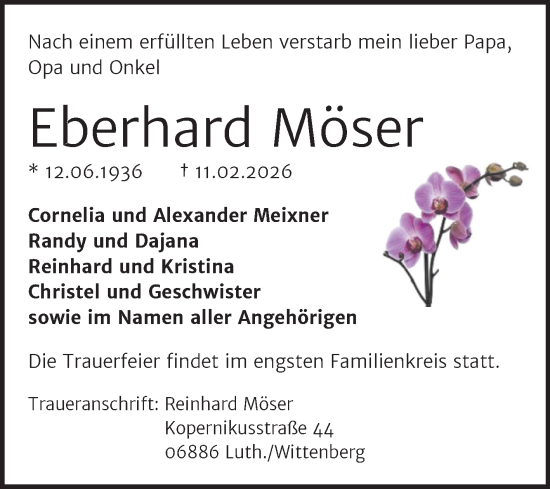 Traueranzeige von Eberhard Möser von Trauerkombi Wittenberg