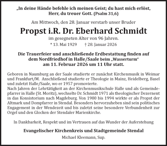 Traueranzeige von Eberhard Schmidt von Volksstimme Altmark Ost