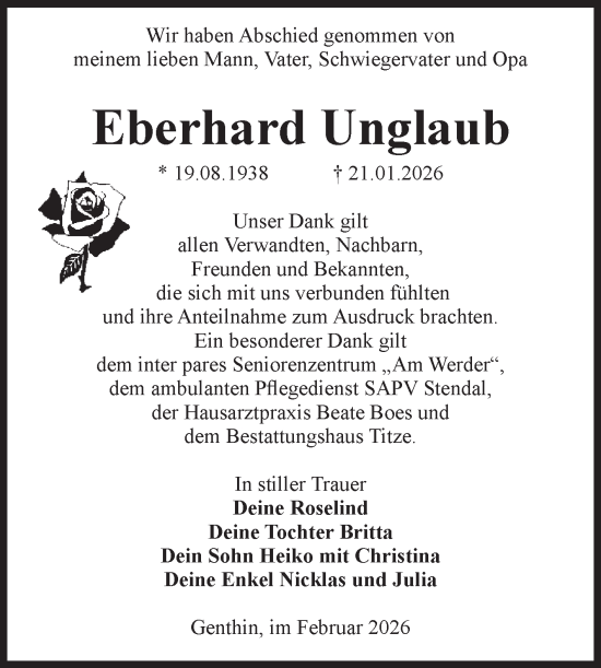 Traueranzeige von Eberhard Unglaub von Volksstimme Burg/Genthin