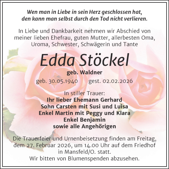 Traueranzeige von Edda Stöckel von Trauerkombi Mansfelder Land