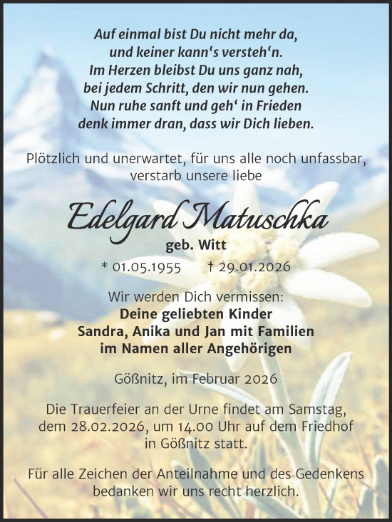 Traueranzeige von Edelgard Matuschka von Super Sonntag Naumburg/Nebra