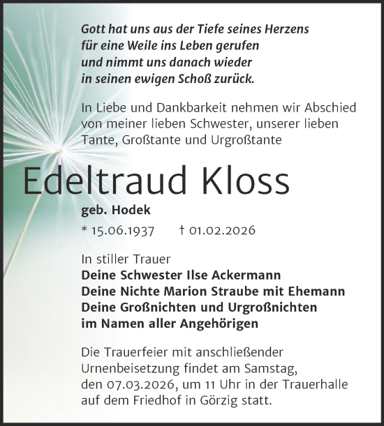 Traueranzeige von Edeltraud Kloss von Trauerkombi Köthen
