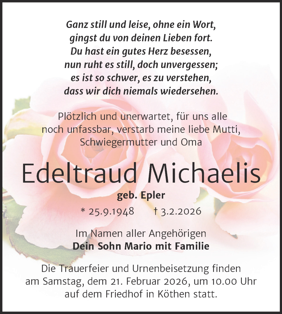  Traueranzeige für Edeltraud Michaelis vom 14.02.2026 aus Trauerkombi Köthen