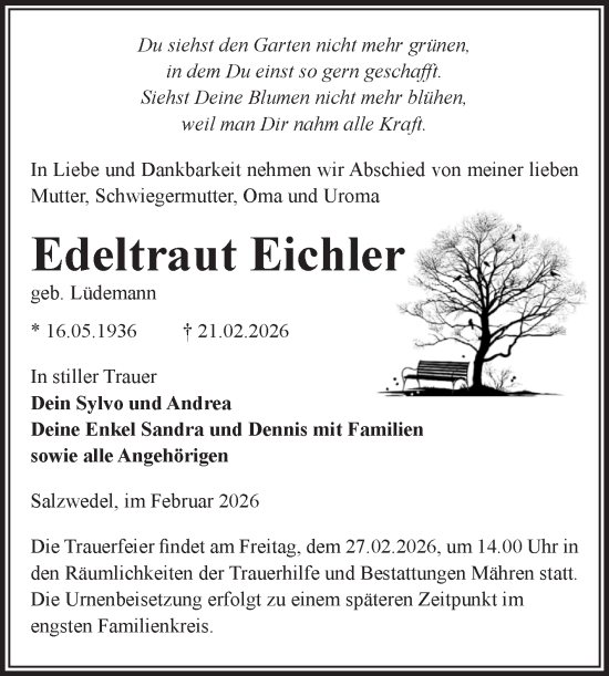 Traueranzeige von Edeltraut Eichler von Volksstimme Altmark West