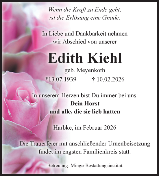 Traueranzeige von Edith Kiehl von Volksstimme Oschersleben/Wanzleben
