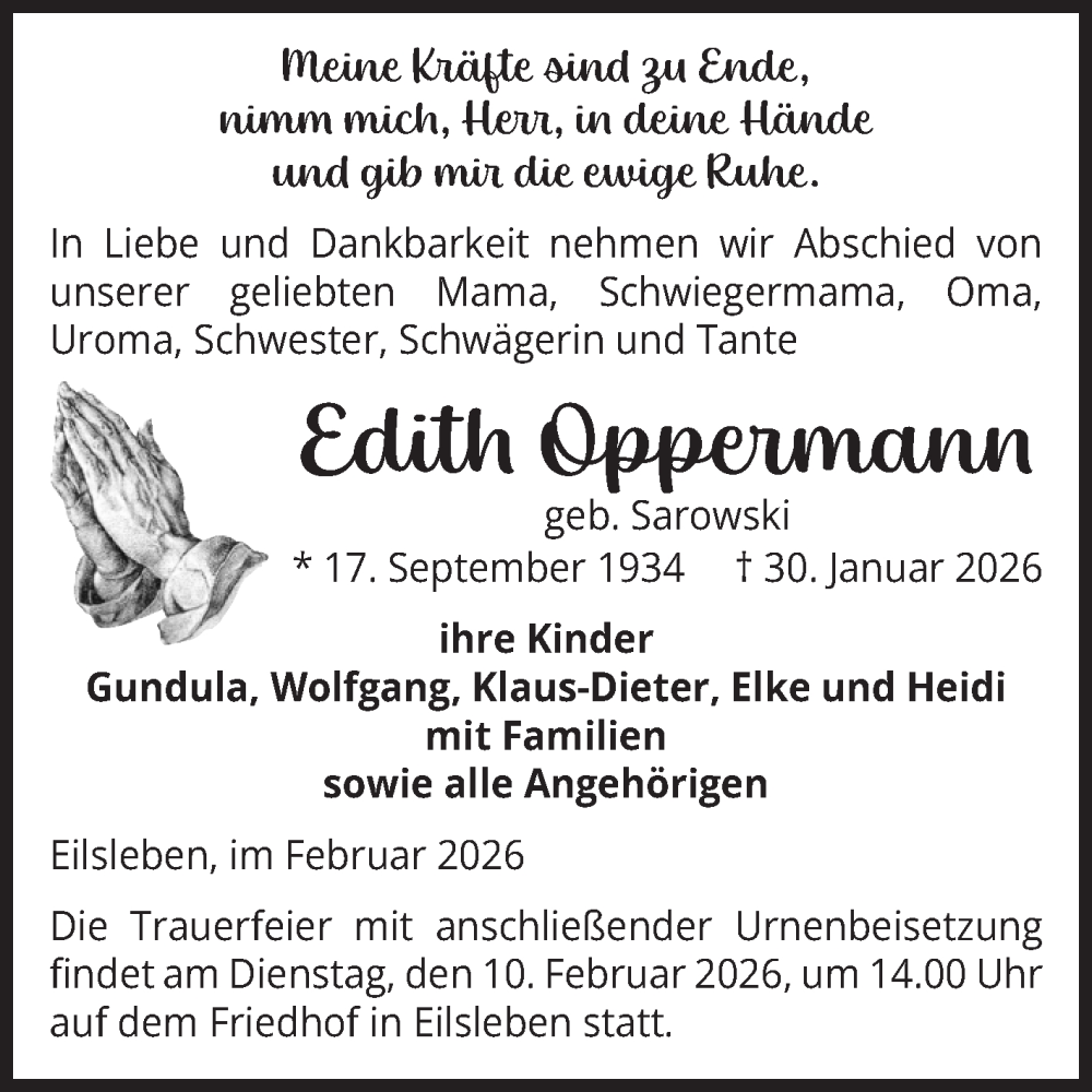  Traueranzeige für Edith Oppermann vom 04.02.2026 aus Volksstimme Oschersleben/Wanzleben