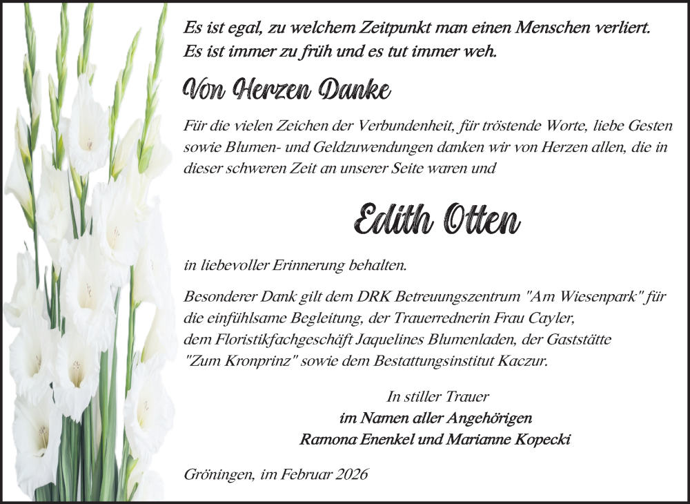 Traueranzeige für Edith Otten vom 07.02.2026 aus Volksstimme Oschersleben/Wanzleben