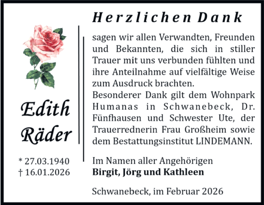  Traueranzeige für Edith Räder vom 14.02.2026 aus Volksstimme Halberstadt