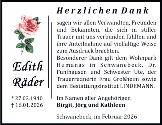 Traueranzeige von Edith Räder von Volksstimme Halberstadt
