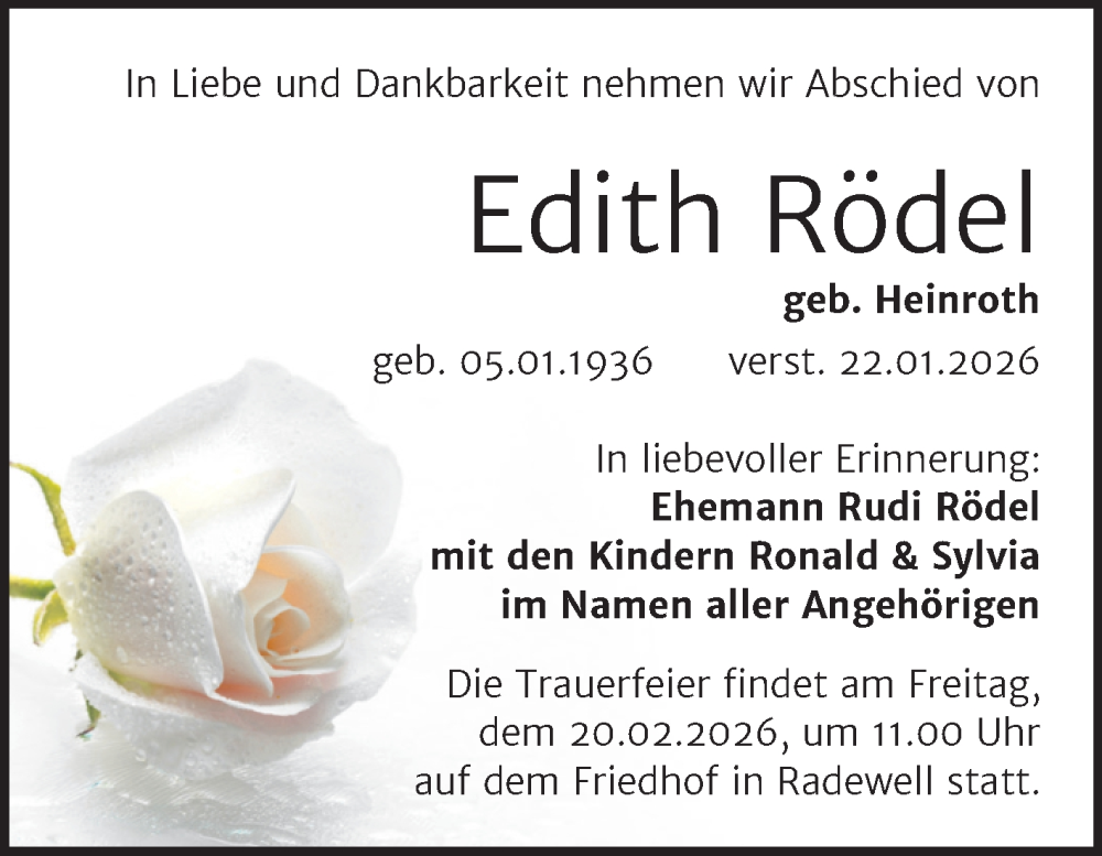  Traueranzeige für Edith Rödel vom 14.02.2026 aus Mitteldeutsche Zeitung Halle/Saalkreis