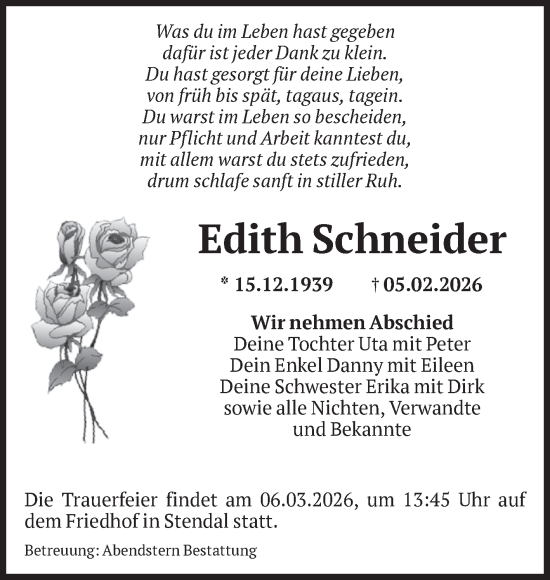 Traueranzeige von Edith Schneider von Volksstimme Altmark Ost