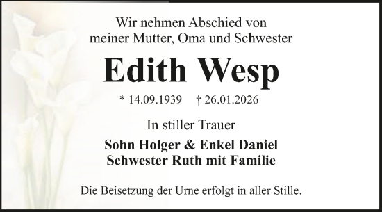 Traueranzeige von Edith Wesp von Trauerkombi Dessau