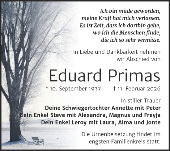 Traueranzeige von Eduard Primas von Trauerkombi Zeitz