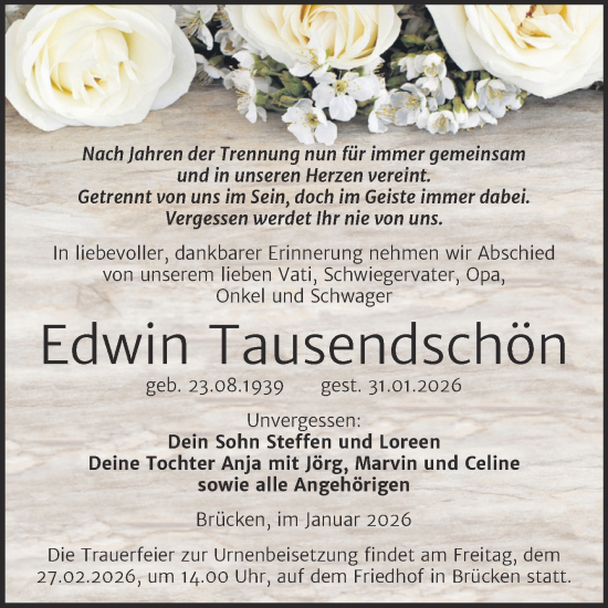 Traueranzeige von Edwin Tausendschön von Trauerkombi Sangerhausen