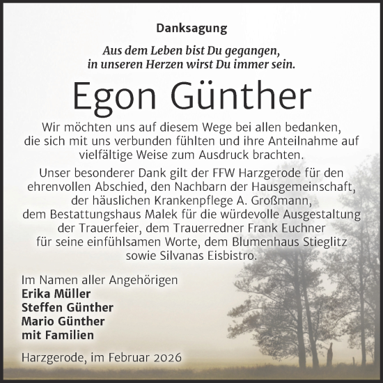 Traueranzeige von Egon Günther von Trauerkombi Quedlinburg
