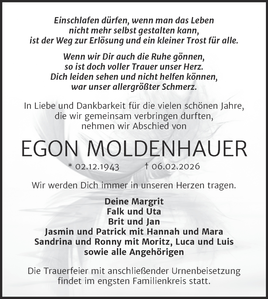  Traueranzeige für Egon Moldenhauer vom 13.02.2026 aus Trauerkombi Wittenberg