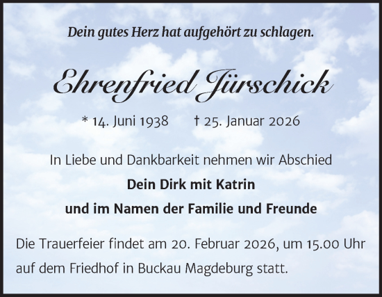 Traueranzeige von Ehrenfried Jürschick von Volksstimme Magdeburg