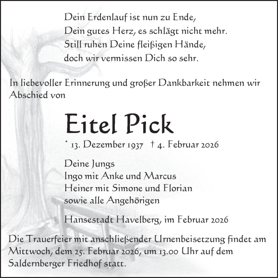 Traueranzeige von Eitel Pick von Volksstimme Altmark Ost