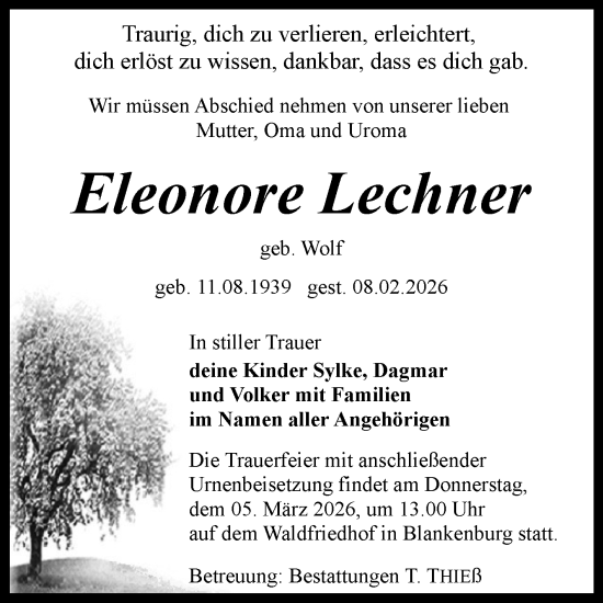Traueranzeige von Eleonore Lechner von Volksstimme Wernigerode