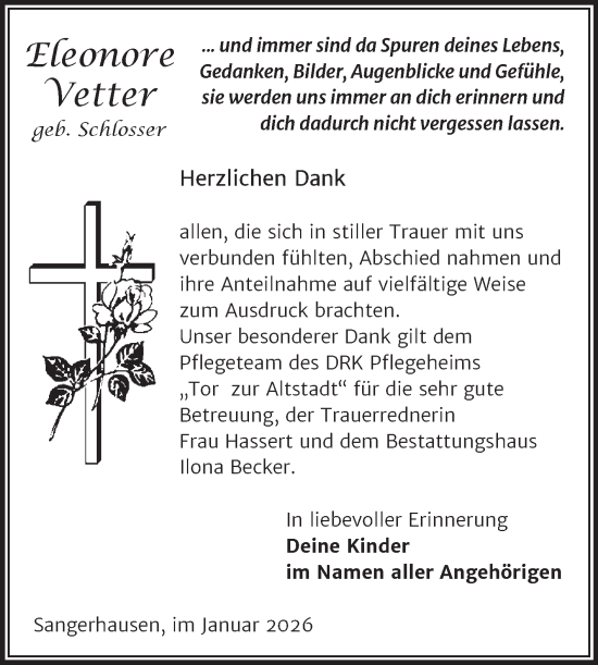 Traueranzeige von Eleonore Vetter von Trauerkombi Sangerhausen