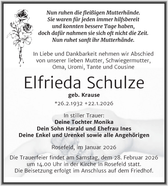 Traueranzeige von Elfrieda Schulze von Trauerkombi Köthen