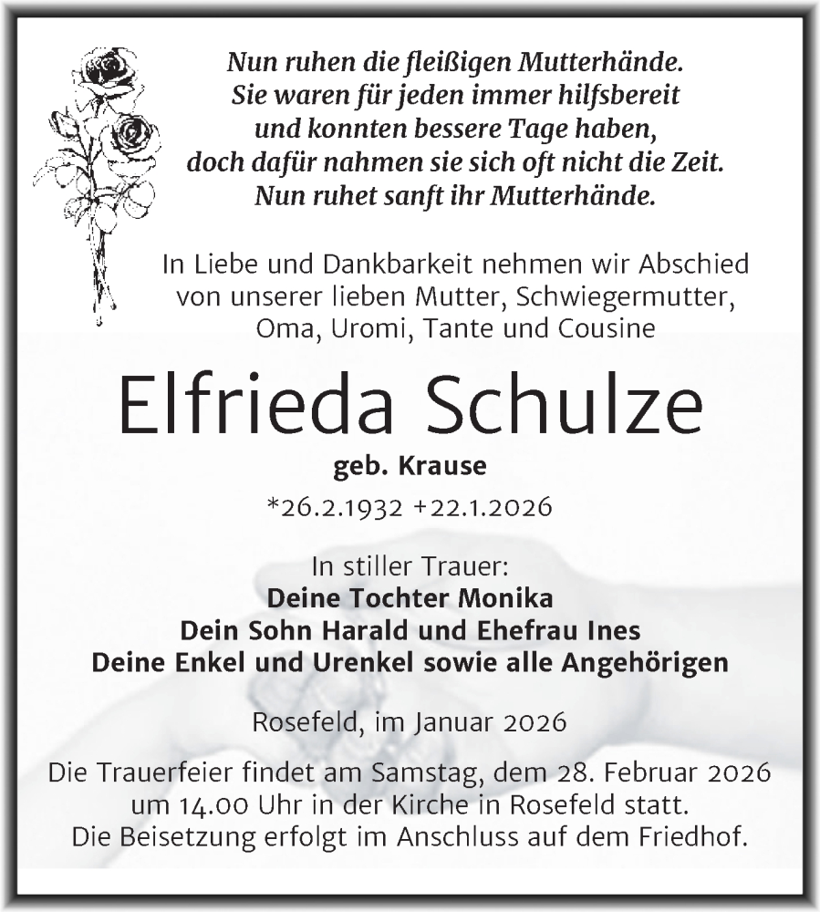  Traueranzeige für Elfrieda Schulze vom 07.02.2026 aus Trauerkombi Köthen