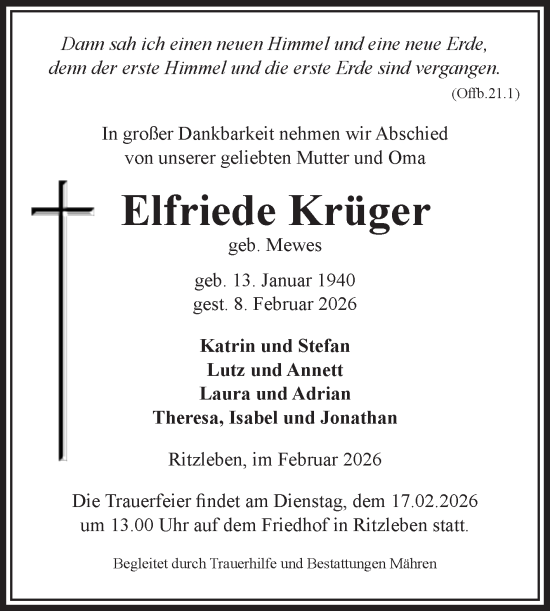 Traueranzeige von Elfriede Krüger von Volksstimme Altmark West