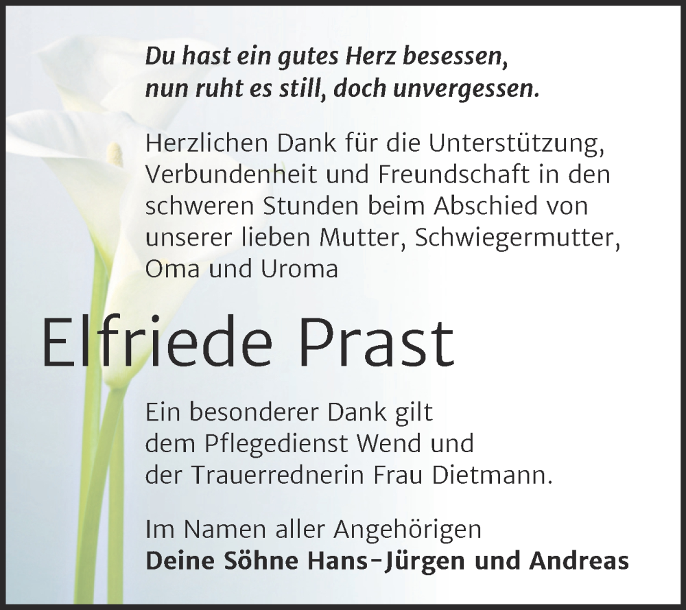  Traueranzeige für Elfriede Prast vom 20.02.2026 aus Trauerkombi Mansfelder Land