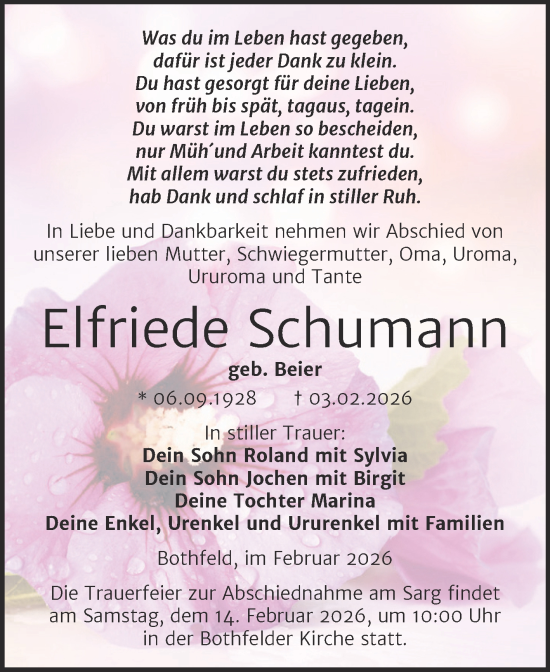 Traueranzeige von Elfriede Schumann von Trauerkombi Weißenfels